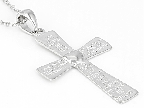 Rhodium Over Sterling Silver Inscribed Cross Pendant With 18 Inch Cable Chain