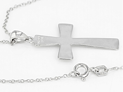Rhodium Over Sterling Silver Inscribed Cross Pendant With 18 Inch Cable Chain