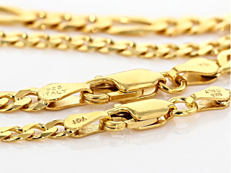 18K Yellow Gold Over Sterling Silver Curb & Figaro Bracelet Set of 2