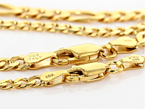 18K Yellow Gold Over Sterling Silver Curb & Figaro Bracelet Set of