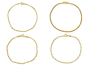 18K Yellow Gold Over Sterling Silver Cable, Mirror, Twist, & Popcorn Bracelet Set Of 4
