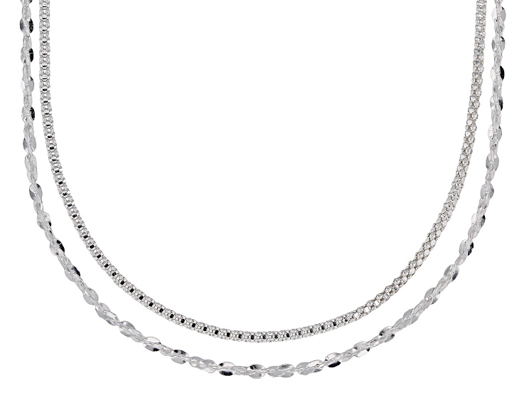 Sterling Silver Twisted Serpentine & Diamond Cut Popcorn Chain Necklace 24" Set