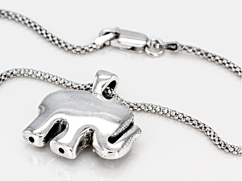 Oxidized Sterling Silver Elephant Pendant With White Cubic Zirconia & 18 Inch Popcorn Chain