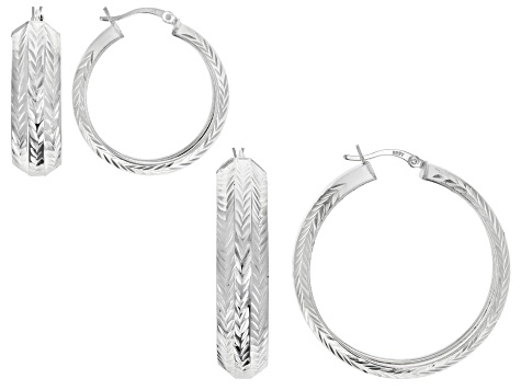 Sterling Silver Diamond Cut Hoop Earrings- Set of 2