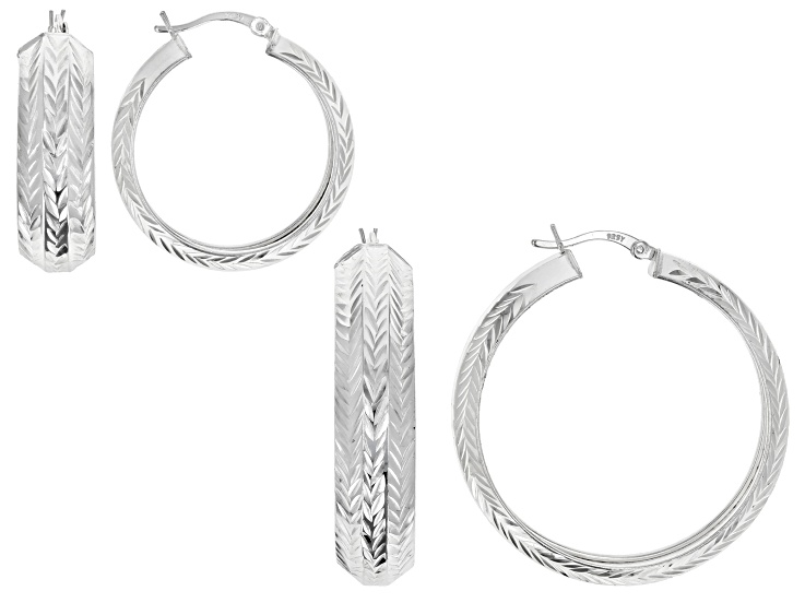 Sterling Silver 4mm Diamond-cut Hoop Earrings 