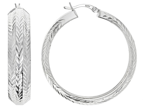 Sterling Silver Diamond Cut Hoop Earrings- Set of 2