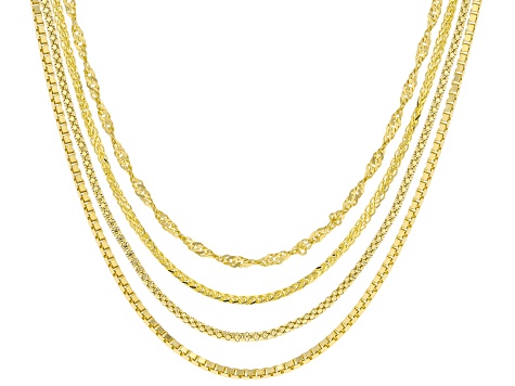 18K Yellow Gold Over Sterling Silver Set of 4 Adjustable Box, Singapore, Popcorn, & Wheat 24" Chains