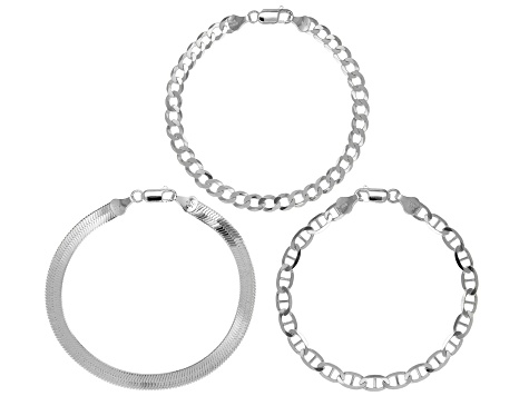 Sterling Silver Set of 3 Flat Curb, Mariner, and Herringbone Link Bracelets