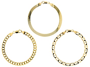 Picture of 18K Yellow Gold Over Sterling Silver Set of 3 Flat Curb, Mariner, and Herringbone Link Bracelets