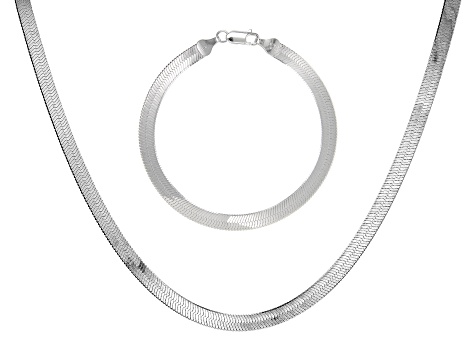 Sterling Silver Set of 2 Herringbone 7.25 Inch Bracelet and 18 Inch Necklace