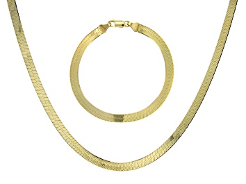 Picture of 18K Yellow Gold Over Sterling Silver Set of 2 Herringbone 7.25 Inch Bracelet and 18 Inch Necklace