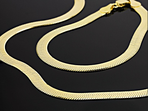 18K Yellow Gold Over Sterling Silver Set of 2 Herringbone 7.25 Inch Bracelet and 18 Inch Necklace