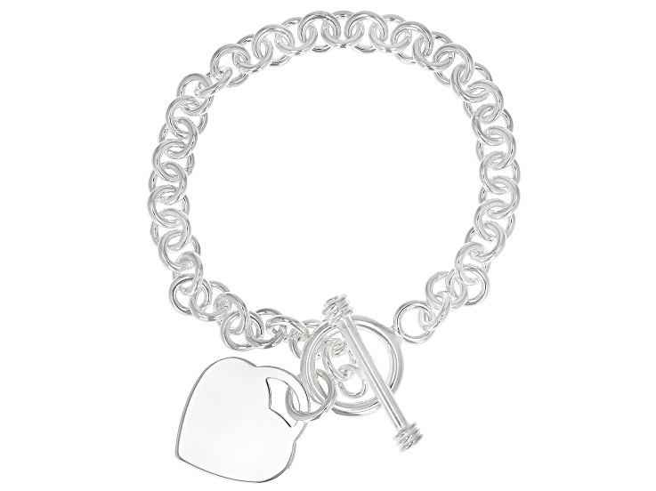 925 Solid Silver Toggle Heart Charm Bracelet, Personalized Rolo