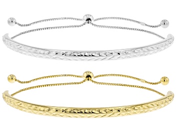 Picture of Sterling Silver and 18K Yellow Gold Over Sterling Silver Set of 2 Bolo Diamond-Cut Bracelets