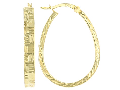 18K Yellow Gold Over Sterling Silver Diamond-Cut Oval Hoop Earrings