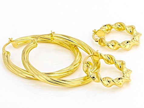 18K Yellow Gold Over Sterling Silver Set of 2 39MM and 23MM Twisted Hoop Earrings