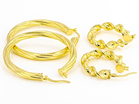 18K Yellow Gold Over Sterling Silver Set of 2 39MM and 23MM Twisted Hoop Earrings
