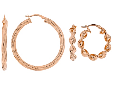 18K Rose Gold Over Sterling Silver Set of 2 39MM and 23MM Twisted Hoop Earrings