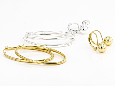 Sterling Silver and 18K Yellow Gold Over Sterling Silver Set of 4 Bead and Oval Hoop Earrings
