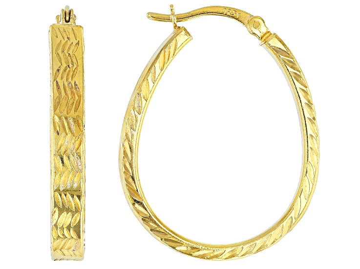 18K Yellow Gold Over Sterling Silver 4x30MM Oval Square Tube Hoop Earrings
