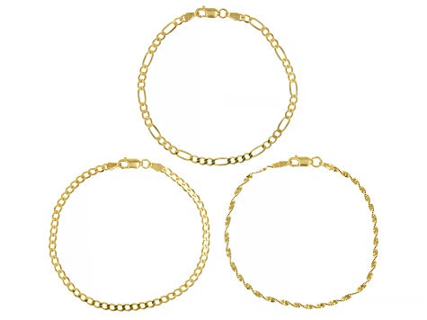 18K Yellow Gold Over Sterling Silver 3MM Curb, 3MM Figaro, 2MM Twisted Herringbone Bracelet Set of 3
