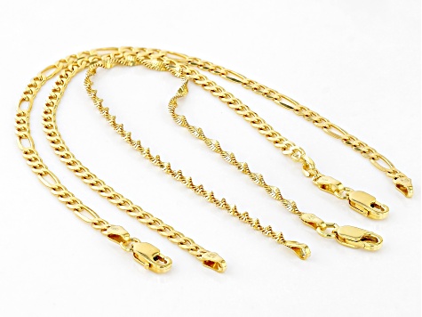 18K Yellow Gold Over Sterling Silver 3MM Curb, 3MM Figaro, 2MM Twisted Herringbone Bracelet Set of 3