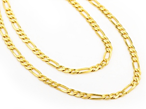 18K Yellow Gold Over Sterling Silver Set of Two 3MM 20 and 24 Inch Figaro Chains