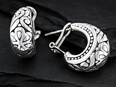 Sterling Silver Oxidized Floral J-Hoop Tube Earrings
