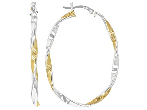 Sterling Silver and 18K Yellow Gold Over Sterling Silver Texture Polished Oval Tube Hoop Earrings
