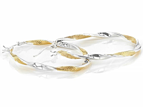 Sterling Silver and 18K Yellow Gold Over Sterling Silver Texture Polished Oval Tube Hoop Earrings