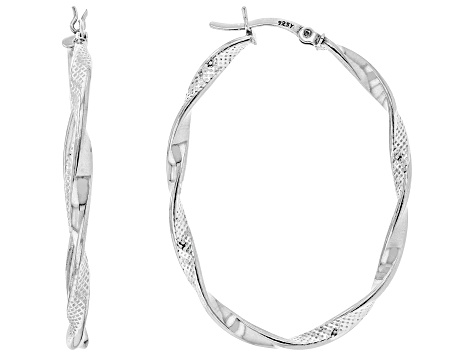 Sterling Silver Texture Polished Oval Tube Hoop Earrings