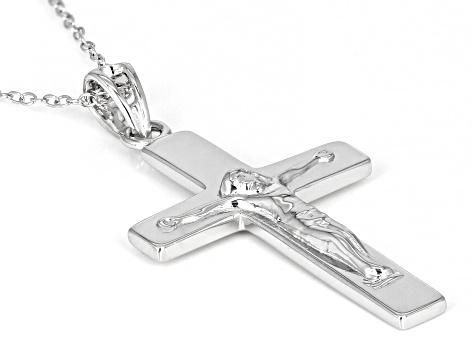 Rhodium Over Sterling Silver Cross Pendant with 18 Inch Chain