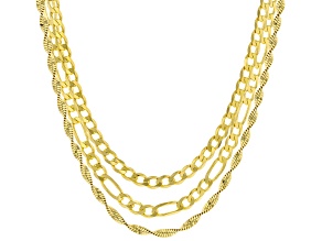 18K Yellow Gold Over Sterling Silver 3MM Curb, 3MM Figaro, and 2MM Twisted Herringbone Chains