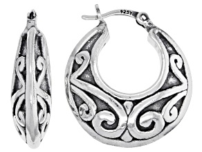 Sterling Silver Oxidized Graduated Floral Tube Hoop Earrings