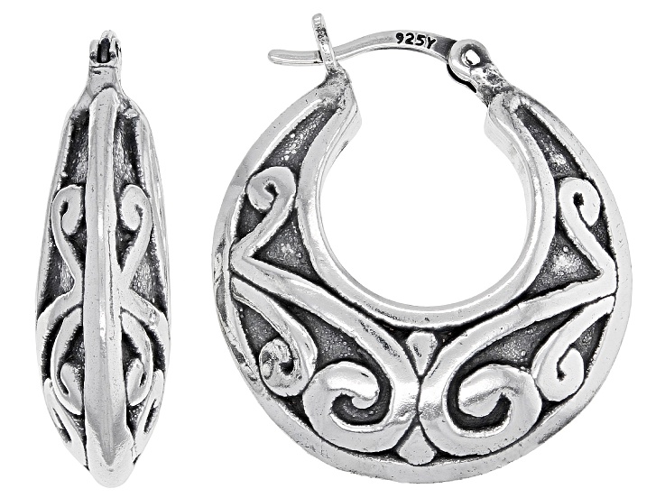 Sterling Silver Oxidized Graduated Floral Tube Hoop Earrings