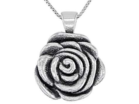 Sterling Silver Oxidized Rose Pendant with 18 Inch Box Chain