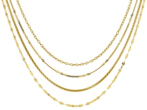 18K Yellow Gold Over SS Set of 4 2MM Cable, 2.3MM Mirror, 1.85MM Twist, and 2MM Popcorn Chain