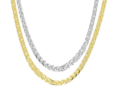 Sterling Silver & 18K Yellow Gold Over Sterling Silver Diamond-Cut Adjustable Wheat Chain Set Of 2