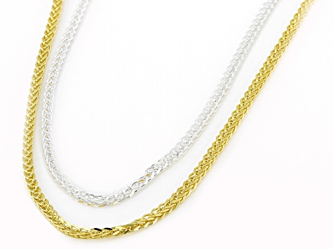 Sterling Silver & 18K Yellow Gold Over Sterling Silver Diamond-Cut Adjustable Wheat Chain Set Of 2