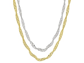 Sterling Silver & 18K Yellow Gold Over Sterling Silver Adjustable 1.5mm Singapore 24" Chain Set Of 2