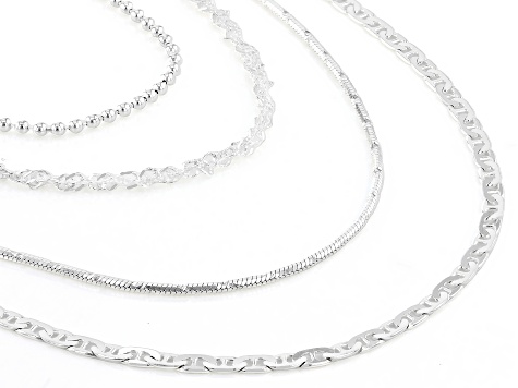 Sterling Silver Beaded, Mariner, Diamond-Cut Snake, and Singapore 20 Inch Chain Set of 4