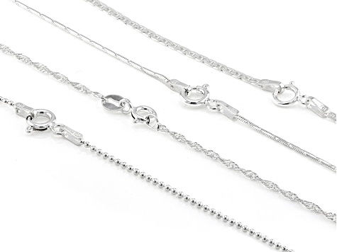 Sterling Silver Beaded, Mariner, Diamond-Cut Snake, and Singapore 20 Inch Chain Set of 4