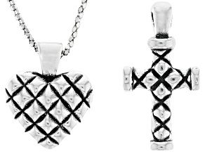 Rhodium Over Sterling Silver Oxidized Heart And Cross Pendant Set With 18 Inch Popcorn Chain