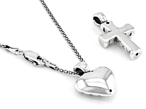 Rhodium Over Sterling Silver Oxidized Heart And Cross Pendant Set With 18 Inch Popcorn Chain