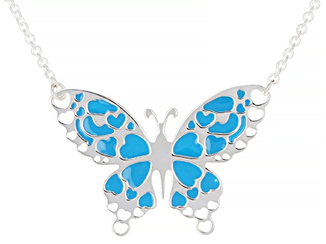 Sterling Silver Turquoise Color Enamel Butterfly 18 Inch Necklace