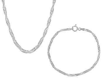 Picture of Sterling Silver 2.4mm Singapore 20 Inch Chain & 2.4mm Singapore Link Bracelet Set of 2
