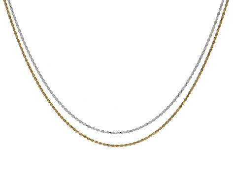 Sterling Silver & 18k Yellow Gold Over Sterling Silver 1.4mm Rope 20 Inch Chain Set of 2