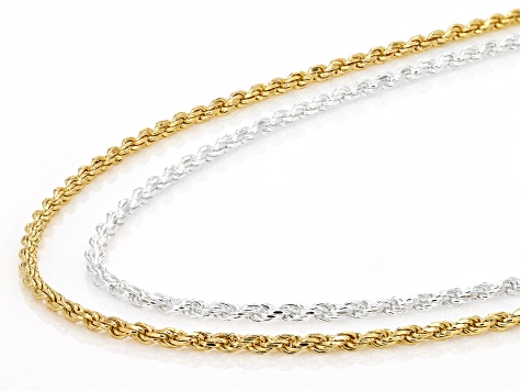 Sterling Silver & 18k Yellow Gold Over Sterling Silver 1.4mm Rope 20 Inch Chain Set of 2