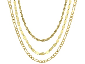 18k Yellow Gold Over Sterling Silver Twisted Rope, Figaro, & Mirror Link 20 Inch Chain Set of 3