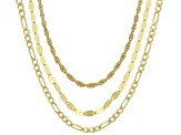 18k Yellow Gold Over Sterling Silver Twisted Rope, Figaro, & Mirror Link 20 Inch Chain Set of 3